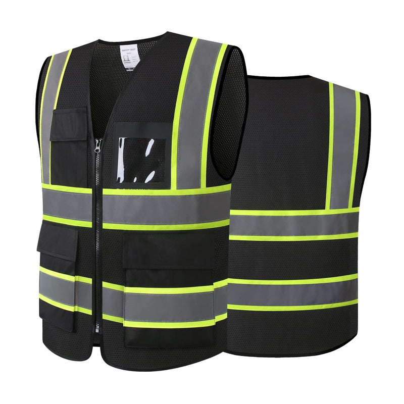 ASIPHITU Reflective High Visibility Safety Vest for Men Women Security with Pockets Zipper Front for Work Vest with Reflective Strips Meets ANSI/ISEA Standards(H-Black-L) - Image 1