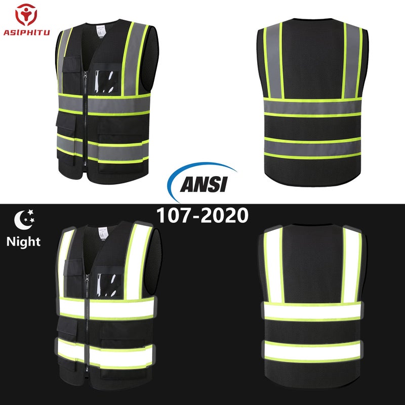 ASIPHITU Reflective High Visibility Safety Vest for Men Women Security with Pockets Zipper Front for Work Vest with Reflective Strips Meets ANSI/ISEA Standards(H-Black-L) - Image 4