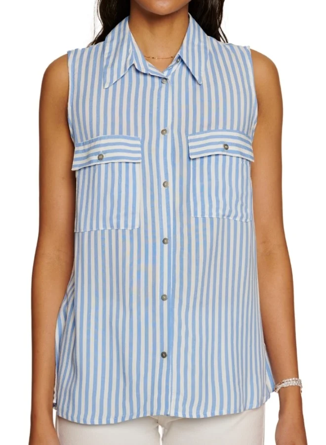 ZABAIONE Blue Striped Button-Up Sleeveless Top
