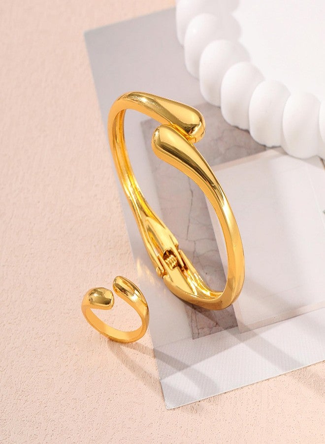 Decixde Bangle Ring Set Chunky Gold Bangle Bracelet And Ring Statement Jewelry Set for Women, adjustable, Metal, No Gemstone - Image 4