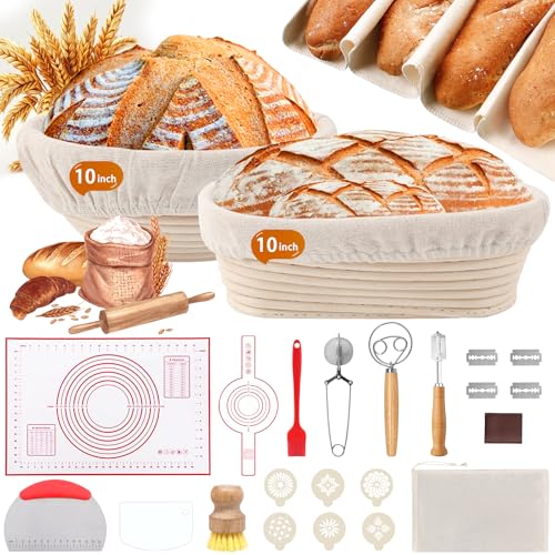 PeacePeo Sourdough Bread Baking Supplies, Sourdough Starter Kit for Bread Making Includes 10" Round & Oval Banneton Bread Proofing Basket with Liners Sourdough Kit for Making Baking Fermentation - Image 1