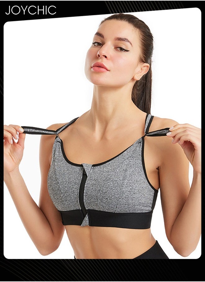 Joychic - Adjustable Front Zipper Sports Bra Shockproof No Rims Breathable and Comfort Vest Yoga Cross Back Beauty Bra with Magic Belt Design for Women Girls Running Fitness Grey - Image 1