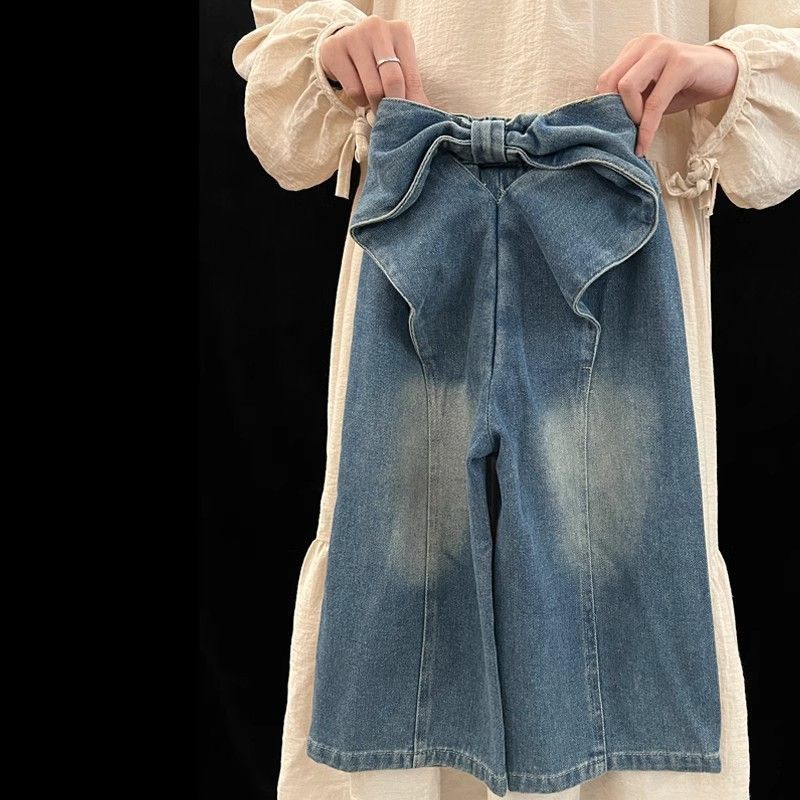 Girls' Spring Jeans Korean-Style Children'S Fashion Design Bow Straight Wide-Leg Pants - Image 2