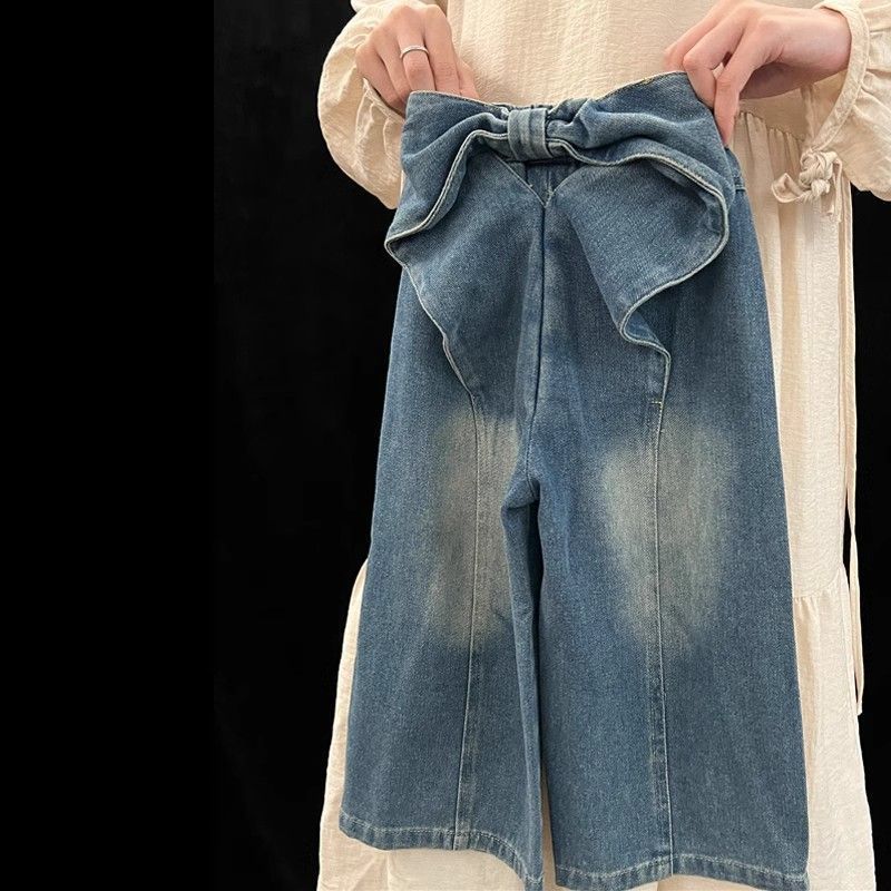 Girls' Spring Jeans Korean-Style Children'S Fashion Design Bow Straight Wide-Leg Pants - Image 4
