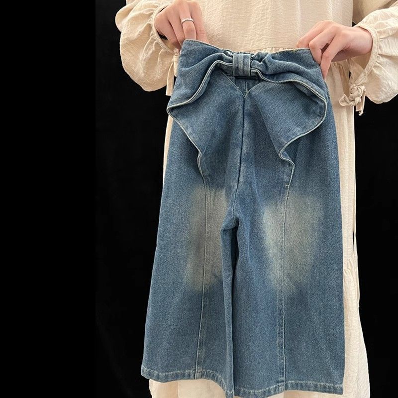 Girls' Spring Jeans Korean-Style Children'S Fashion Design Bow Straight Wide-Leg Pants - Image 3