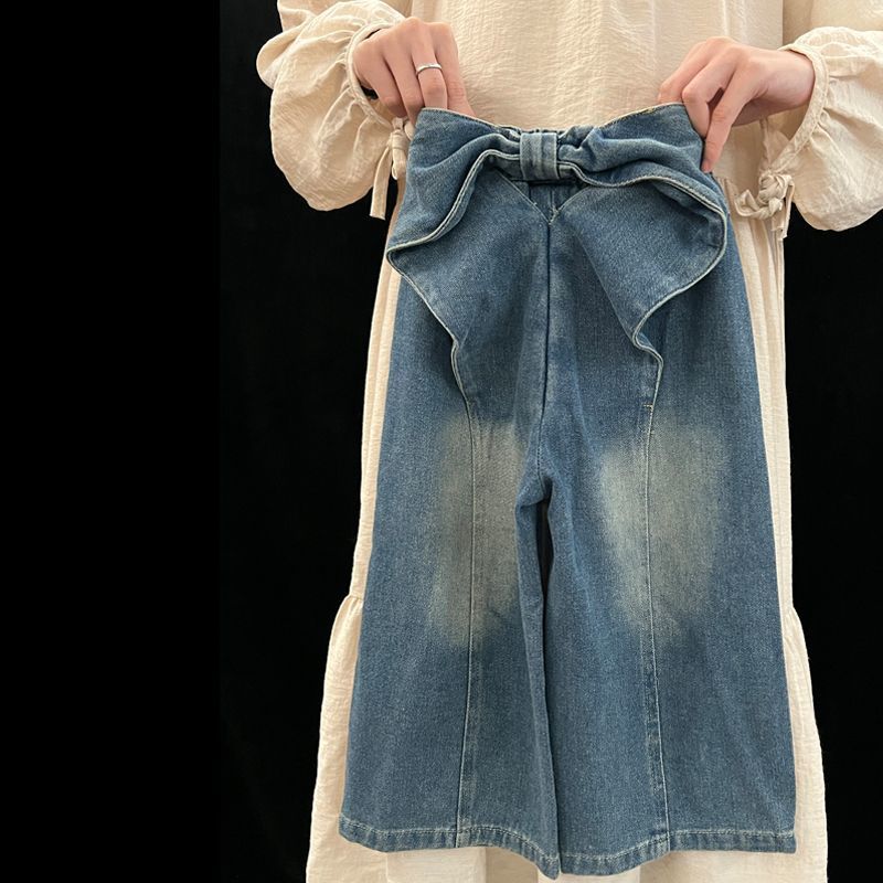 Girls' Spring Jeans Korean-Style Children'S Fashion Design Bow Straight Wide-Leg Pants - Image 1