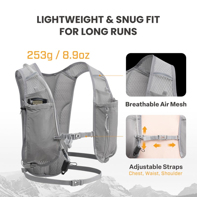 EVERFUN Hydration Backpack Running Vest Small Hiking Water Backpack with 1.5L Water Bladder, Lightweight Reflective Phone Holder Hydro Pack for Trail Running, Biking, Race, Marathons, Gray - Image 3