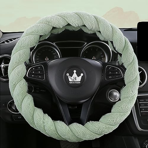 HighnessHwoo Luxury Fluffy Winter Car Steering Wheel Cover for Women Soft Warm Cute Auto Accessories for Jeep, Truck, Van, F150, Universal, Fuzzy, Anti Slip, Green, Large Size, 15.2-16in - Image 2