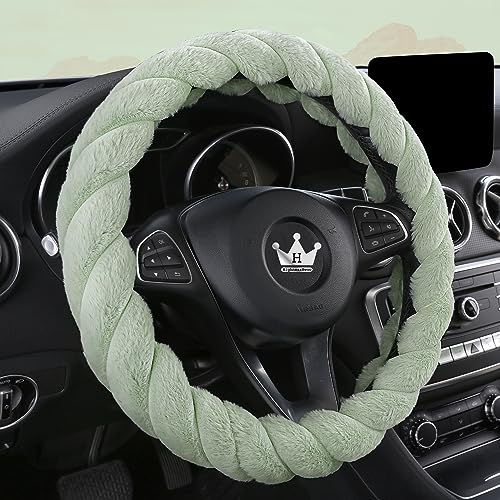 HighnessHwoo Luxury Fluffy Winter Car Steering Wheel Cover for Women Soft Warm Cute Auto Accessories for Jeep, Truck, Van, F150, Universal, Fuzzy, Anti Slip, Green, Large Size, 15.2-16in - Image 1