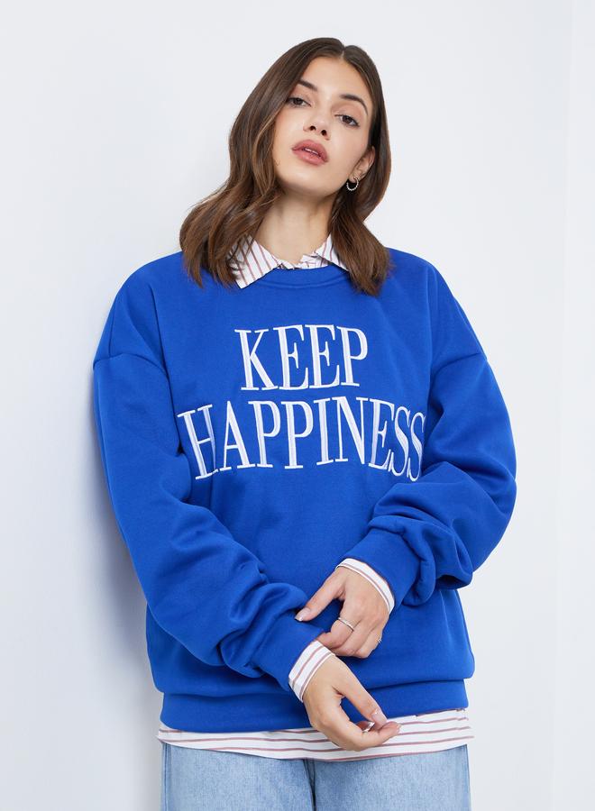 Styli Women Blue Slogan Print Sweatshirt - Image 3
