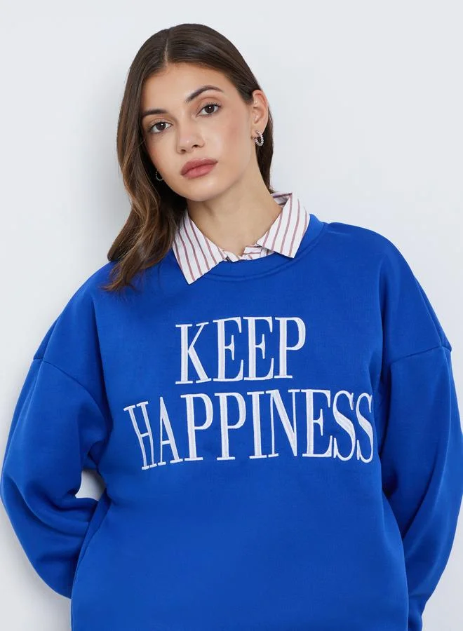 Styli Women Blue Slogan Print Sweatshirt