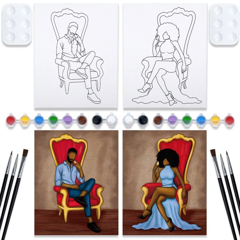 2 Pack 8x10 Canvas Painting Kit BundleCouples Paint Party Kits Pre Drawn Canvas for Painting for AdultAfro King Queen Love Couple Pre Drawn Stretched Canvas Kit Art Set