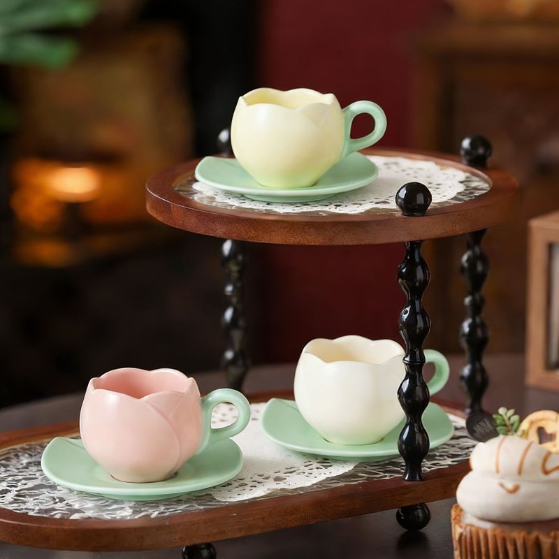 2pcs Hand Pinched Mini Tulip Ceramic Coffee Cup And Saucer Set White Small Capacity For Office Home Tea Party Gathering Fresh Simple Style - Image 1