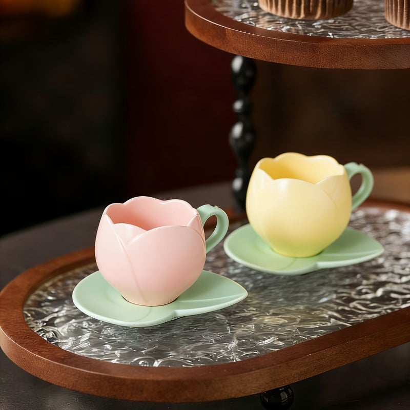 2pcs Hand Pinched Mini Tulip Ceramic Coffee Cup And Saucer Set White Small Capacity For Office Home Tea Party Gathering Fresh Simple Style - Image 4