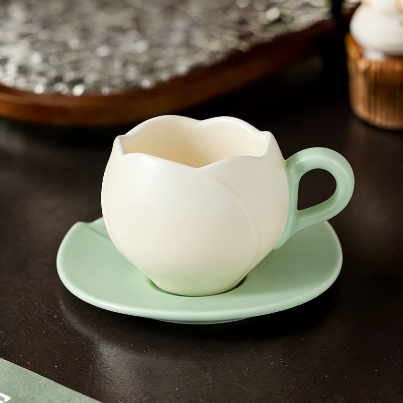 2pcs Hand Pinched Mini Tulip Ceramic Coffee Cup And Saucer Set White Small Capacity For Office Home Tea Party Gathering Fresh Simple Style - Image 5