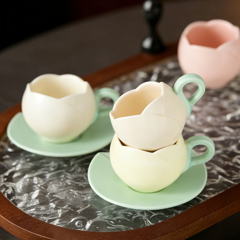 2pcs Hand Pinched Mini Tulip Ceramic Coffee Cup And Saucer Set White Small Capacity For Office Home Tea Party Gathering Fresh Simple Style - Image 2