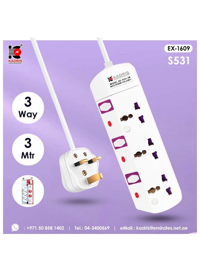 KADRIS - Power Strips S531 Heavy Duty Extension Cord with 3 way Outlets with individual switch, Charging Socket with 3 meter Heat resistant  Extension Cord (White) - Image 1