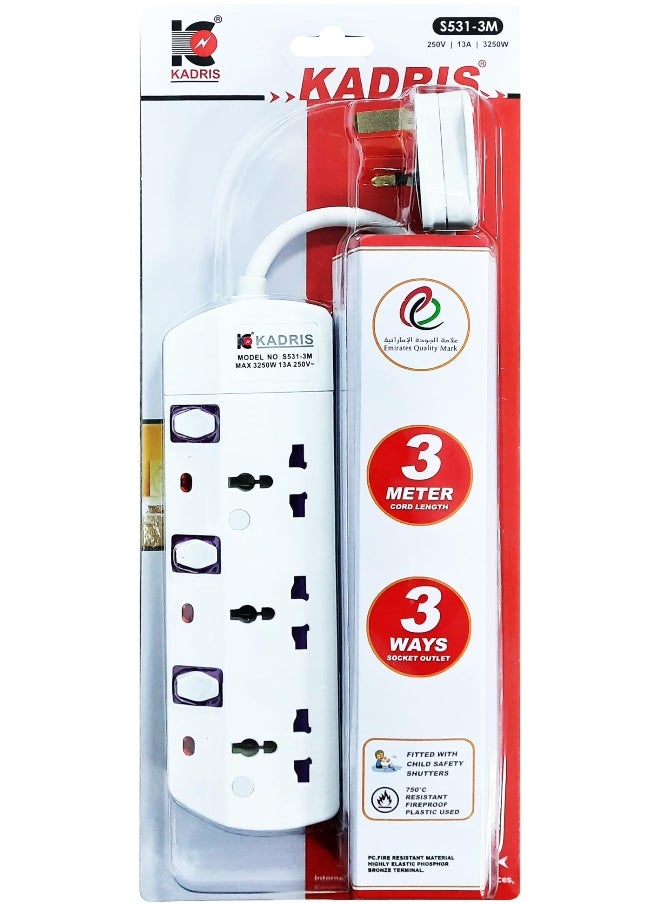 KADRIS - Power Strips S531 Heavy Duty Extension Cord with 3 way Outlets with individual switch, Charging Socket with 3 meter Heat resistant  Extension Cord (White) - Image 1