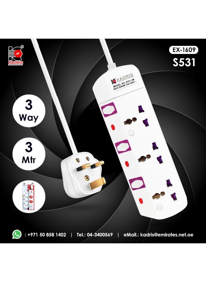 KADRIS - Power Strips S531 Heavy Duty Extension Cord with 3 way Outlets with individual switch, Charging Socket with 3 meter Heat resistant  Extension Cord (White) - Image 1
