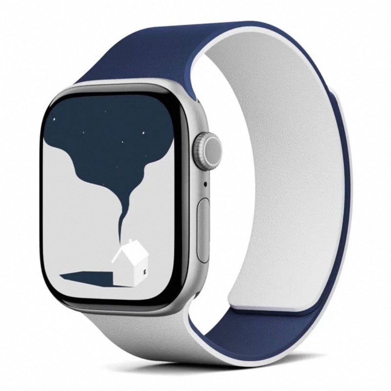 For Apple Watch 46mm / 49mm / 45mm / 44mm Two-tone Lychee-textured Magnetic Silicone Watch Band(Navy Blue White)