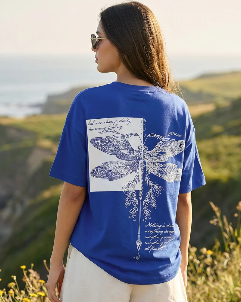Women's Blue Dragon Fly Spirit Graphic Printed Oversized T-shirt