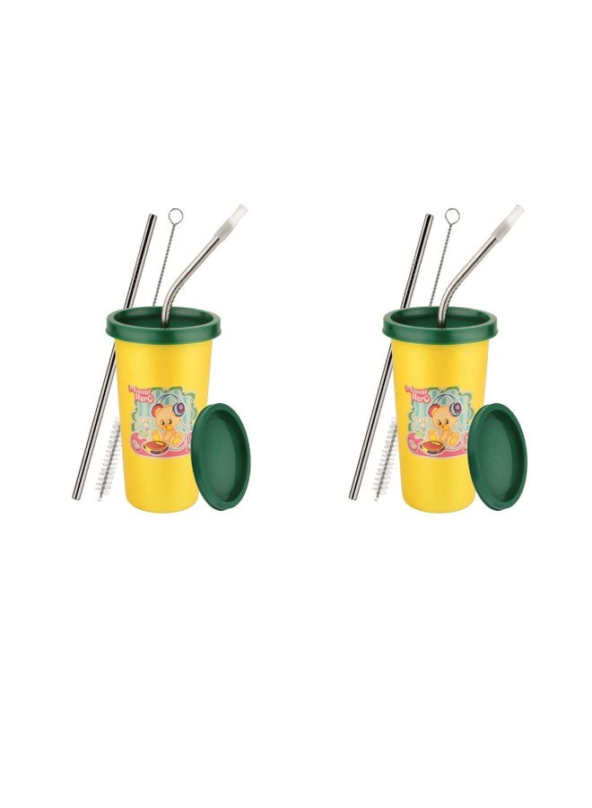 Prabha Stainless Steel Yellow Tumbler, Designer Glass, Plastic Lid, Set of 2, 4 Straws, 2 Brush, Capacity 370 ml - Image 1