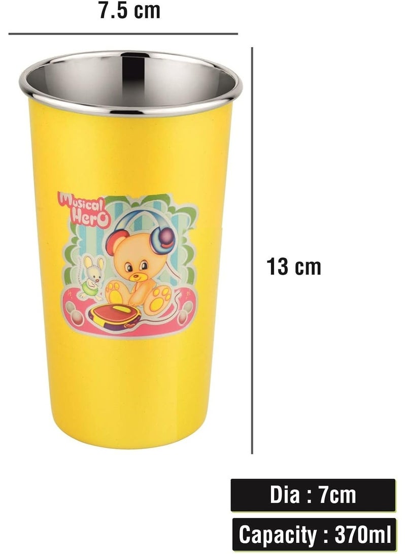 Prabha Stainless Steel Yellow Tumbler, Designer Glass, Plastic Lid, Set of 2, 4 Straws, 2 Brush, Capacity 370 ml - Image 2