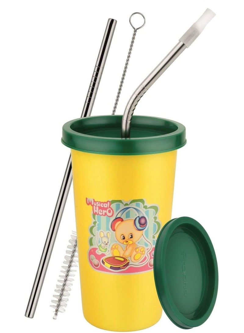 Prabha Stainless Steel Yellow Tumbler, Designer Glass, Plastic Lid, Set of 2, 4 Straws, 2 Brush, Capacity 370 ml - Image 4