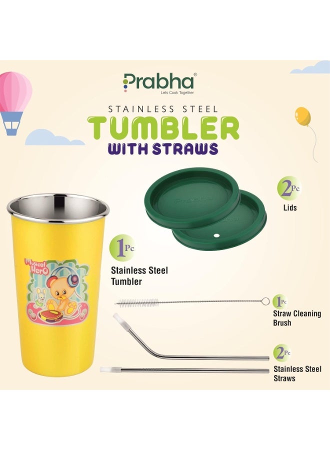 Prabha Stainless Steel Yellow Tumbler, Designer Glass, Plastic Lid, Set of 2, 4 Straws, 2 Brush, Capacity 370 ml - Image 3