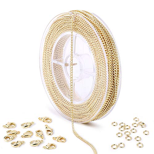 ALEXCRAFT 33FT Gold Plated Chains for Jewelry Making 2mm Thin Gold Chain with 50PCS Open Jump Rings 20PCS Lobster Clasps, 14k Gold Plated Curb Bulk for Necklace Making Jewelry Craft - Image 1