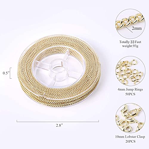 ALEXCRAFT 33FT Gold Plated Chains for Jewelry Making 2mm Thin Gold Chain with 50PCS Open Jump Rings 20PCS Lobster Clasps, 14k Gold Plated Curb Bulk for Necklace Making Jewelry Craft - Image 2