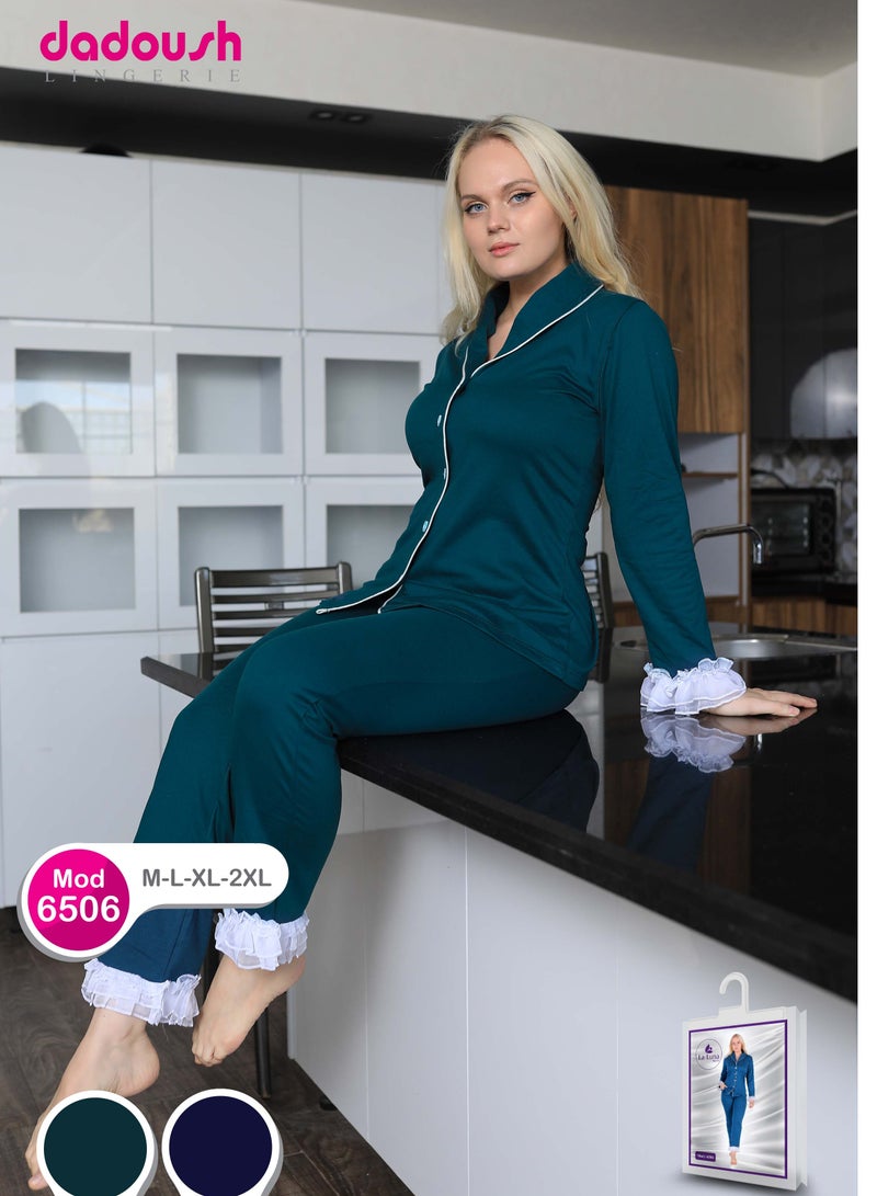 Dadoush Classic comfortable cotton winter pajamas for women for home, women's pajama set with jacket and cotton pants, front buttons and lace ruffles. - Image 4