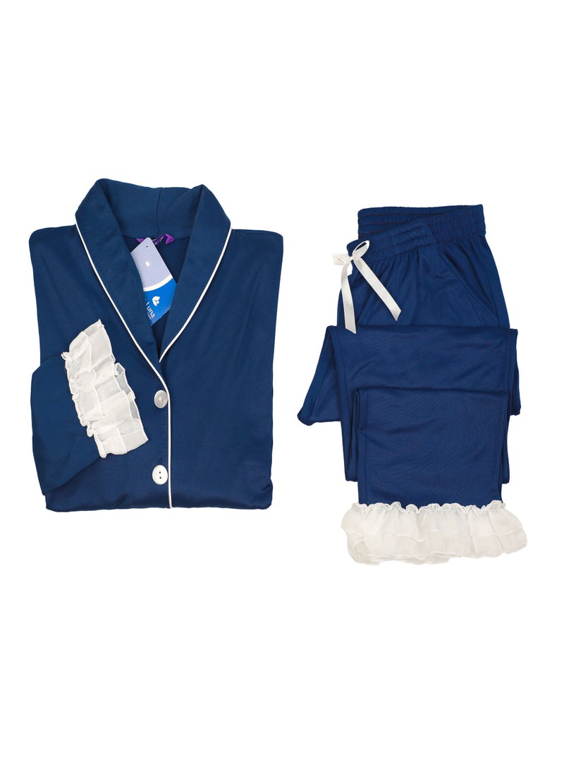 Dadoush Classic comfortable cotton winter pajamas for women for home, women's pajama set with jacket and cotton pants, front buttons and lace ruffles. - Image 3