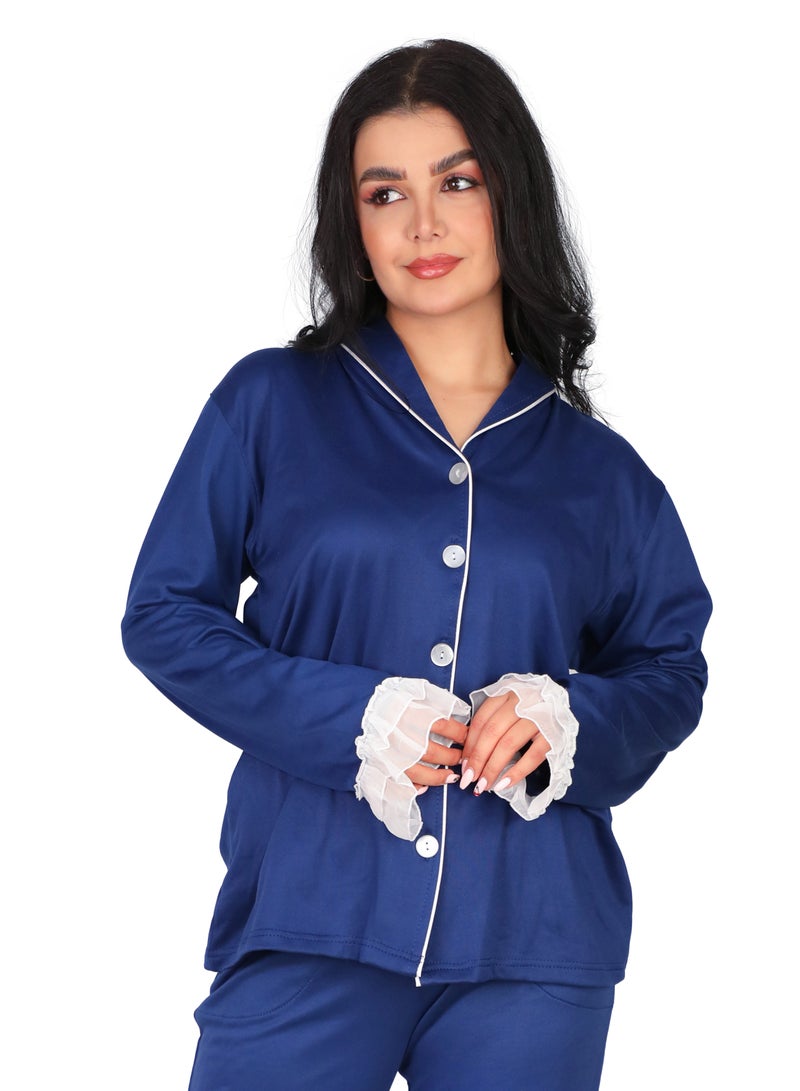 Dadoush Classic comfortable cotton winter pajamas for women for home, women's pajama set with jacket and cotton pants, front buttons and lace ruffles. - Image 2