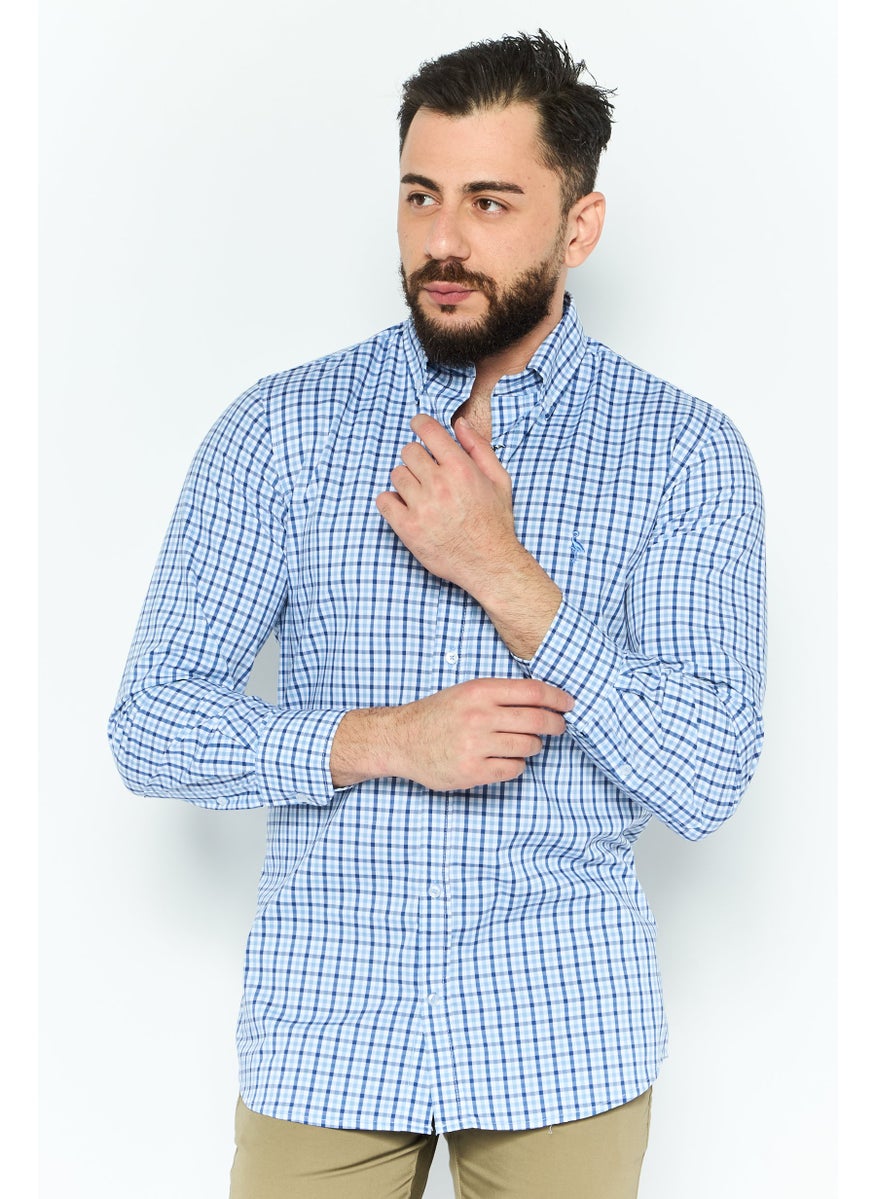 Tailorbyrd Men Performance Fit Gingham Pattern Long Sleeve Casual Shirt, Blue  - Image 1