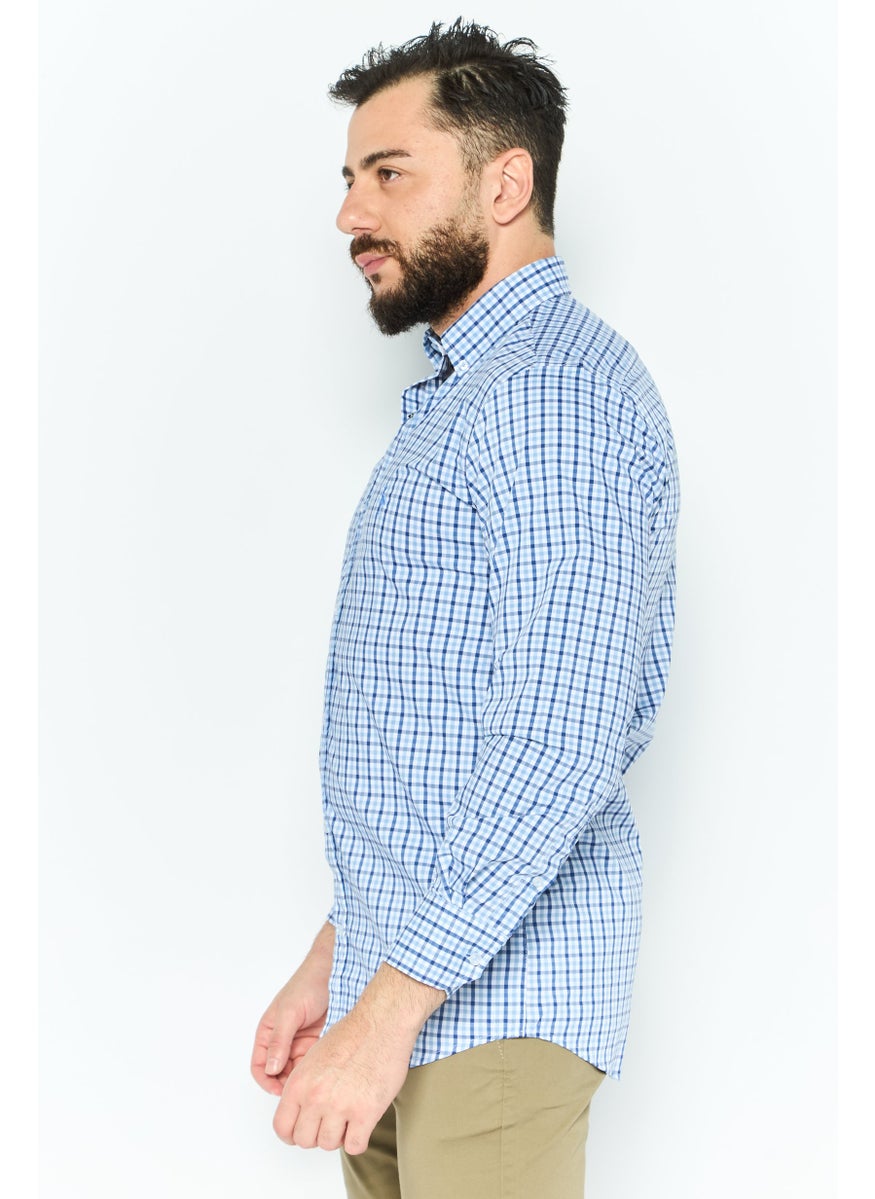 Tailorbyrd Men Performance Fit Gingham Pattern Long Sleeve Casual Shirt, Blue  - Image 2