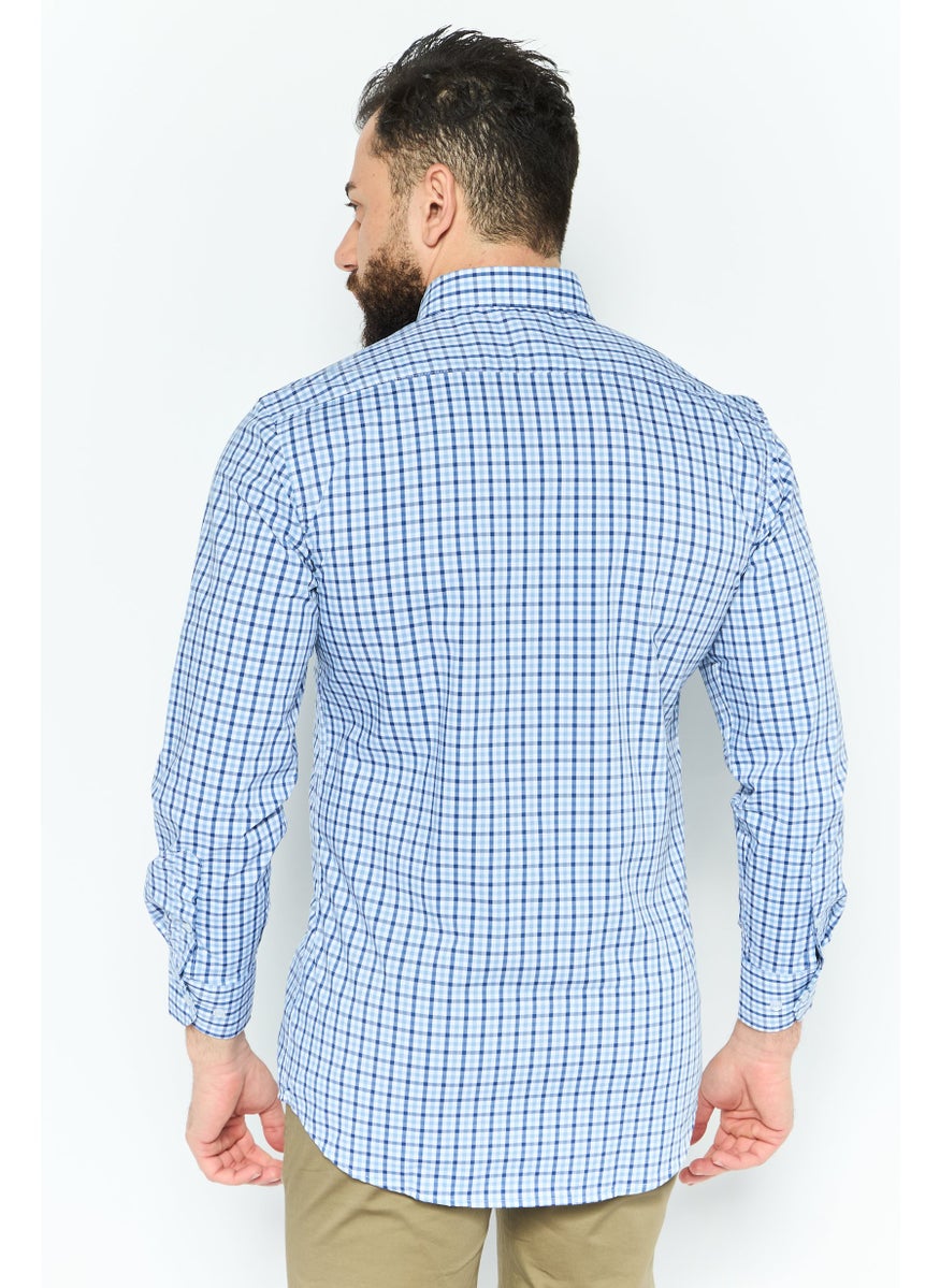 Tailorbyrd Men Performance Fit Gingham Pattern Long Sleeve Casual Shirt, Blue  - Image 3