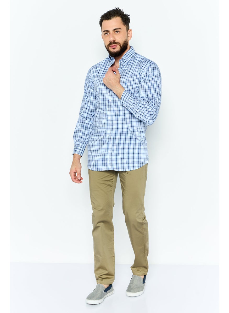 Tailorbyrd Men Performance Fit Gingham Pattern Long Sleeve Casual Shirt, Blue  - Image 4