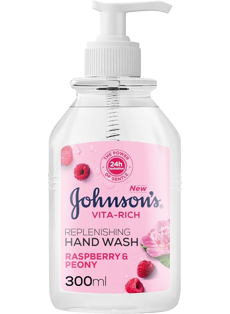 Johnson's Vita-Rich, Replenishing Hand Wash, Raspberry And Peony, 24 Hours of Gentle Hydration, Ph Balanced Formula , 88% Natural Ingredients, 300ml - Image 1
