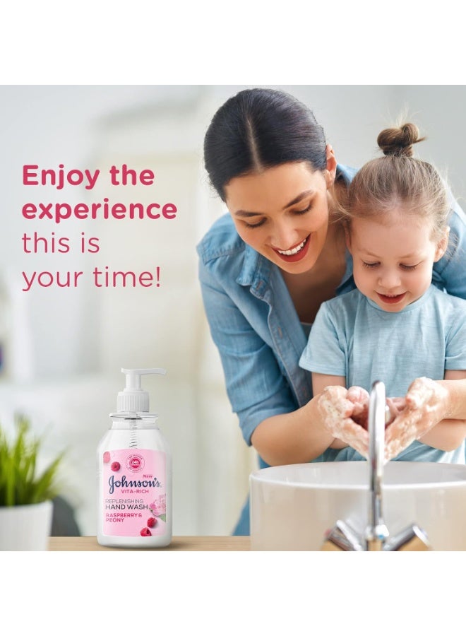 Johnson's Vita-Rich, Replenishing Hand Wash, Raspberry And Peony, 24 Hours of Gentle Hydration, Ph Balanced Formula , 88% Natural Ingredients, 300ml - Image 3