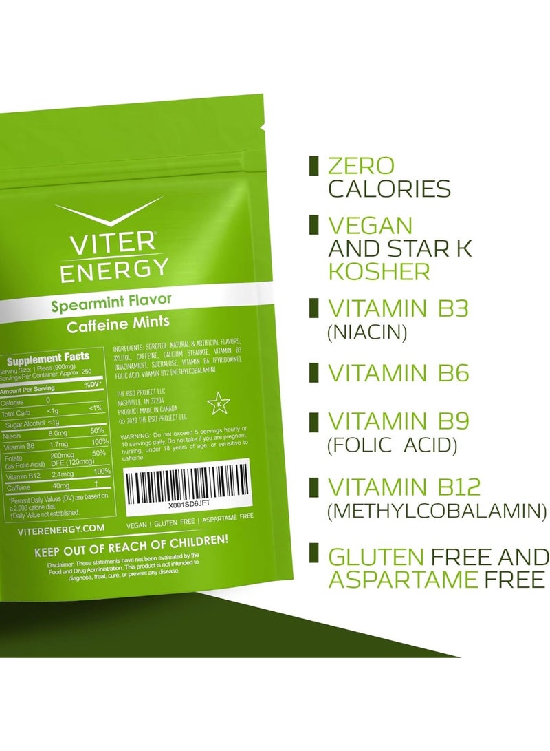 Viter Energy Caffeine Mints - Sugar Free, B Vitamins, Vegan, Boosts Fast Energized Alert Focus, Caffeinated Nootropic Supplement Pills (Spearmint Flavor, 8oz, Bulk Bag) - Image 3
