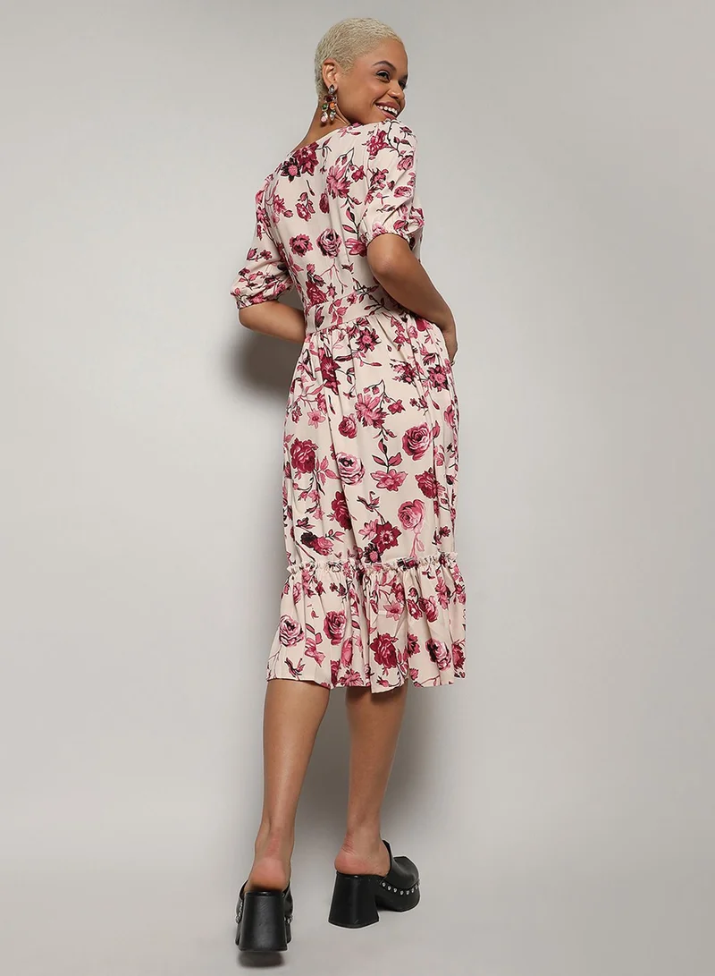 PINACOLADA  Women's Beige & Red Floral Print Dress With Ruffle Detail for Women | Best Price UAE