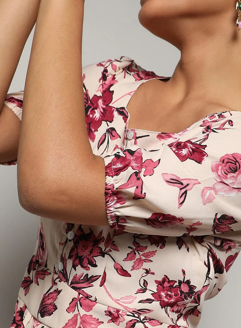 PINACOLADA  Women's Beige & Red Floral Print Dress With Ruffle Detail for Women | Best Price UAE