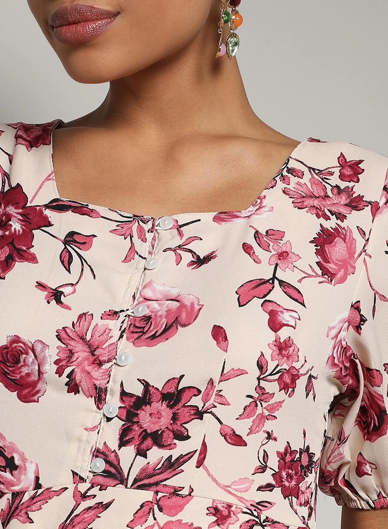 PINACOLADA  Women's Beige & Red Floral Print Dress With Ruffle Detail for Women | Best Price UAE