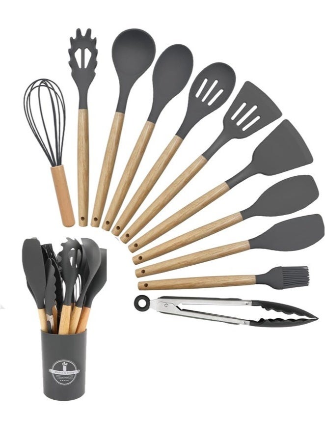 ACLIX Kitchen utensil set, 12pcs silicone utensil, heat resistant cookware with Holder, wooden handle cookware for non-stick pans, silicone kitchen utensil set - Image 1