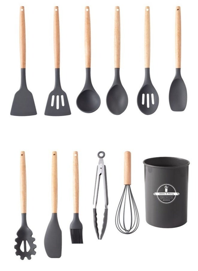 ACLIX Kitchen utensil set, 12pcs silicone utensil, heat resistant cookware with Holder, wooden handle cookware for non-stick pans, silicone kitchen utensil set - Image 5
