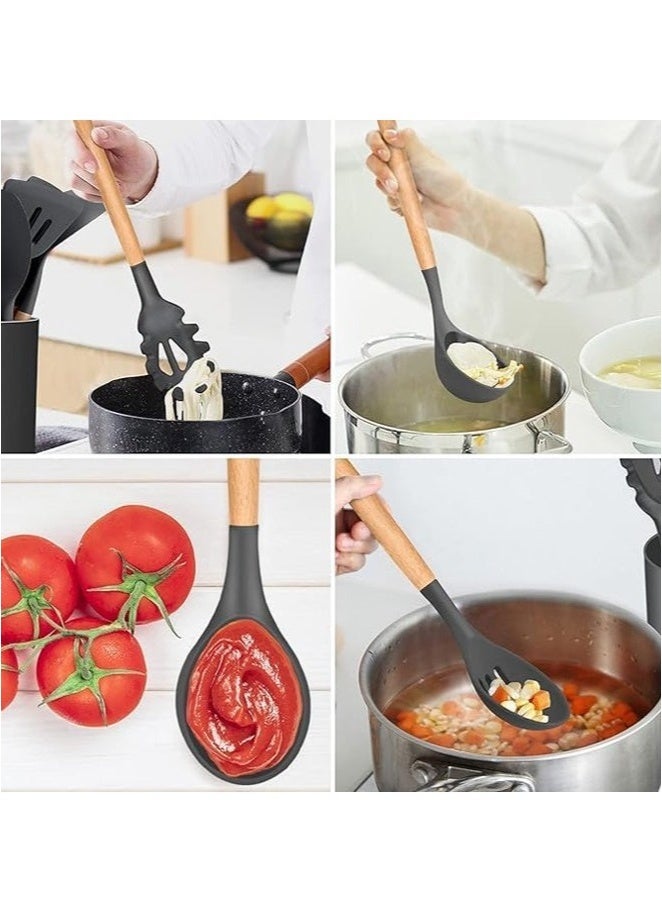 ACLIX Kitchen utensil set, 12pcs silicone utensil, heat resistant cookware with Holder, wooden handle cookware for non-stick pans, silicone kitchen utensil set - Image 2