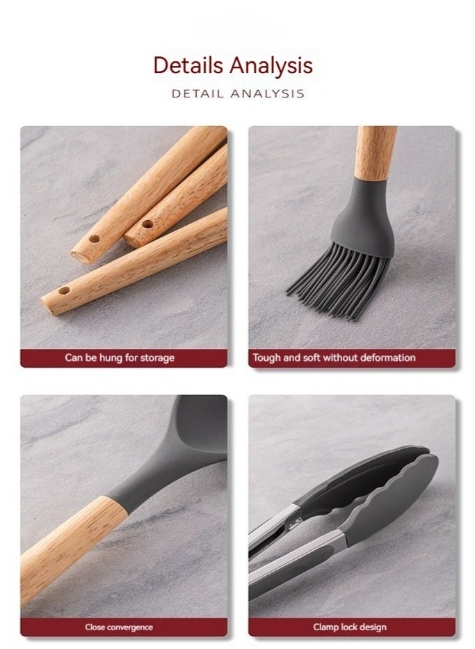 ACLIX Kitchen utensil set, 12pcs silicone utensil, heat resistant cookware with Holder, wooden handle cookware for non-stick pans, silicone kitchen utensil set - Image 4