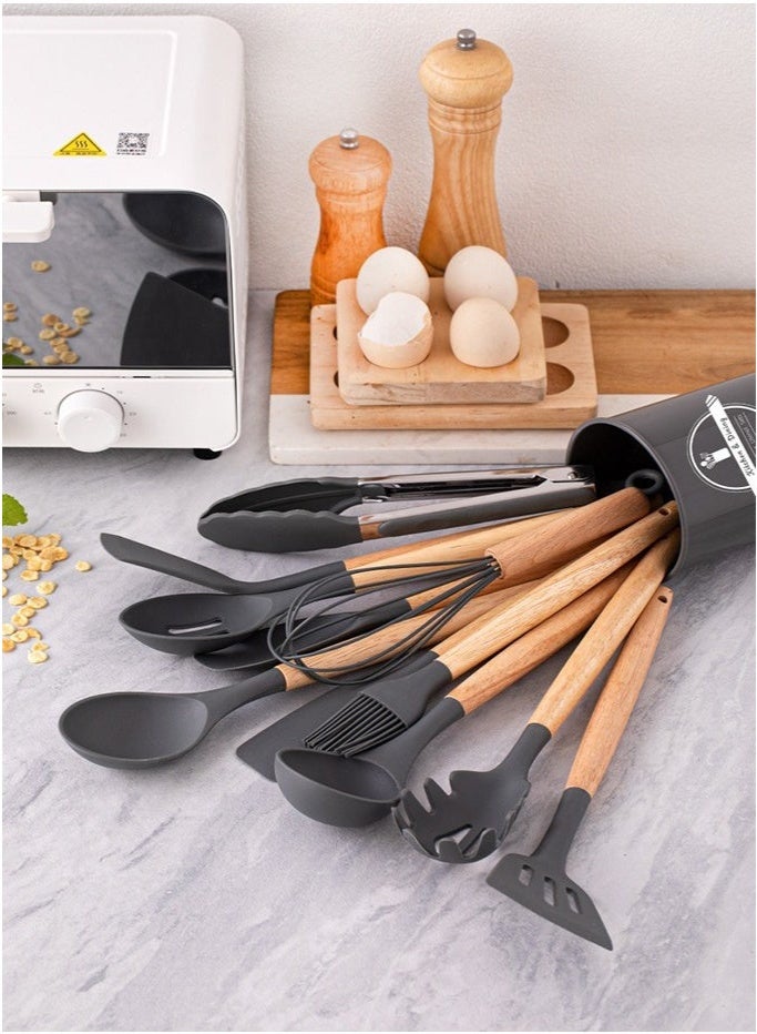 ACLIX Kitchen utensil set, 12pcs silicone utensil, heat resistant cookware with Holder, wooden handle cookware for non-stick pans, silicone kitchen utensil set - Image 3