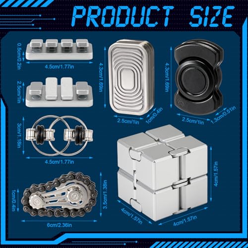 Otoolling 6 Pcs Adult Metal Fidget Toys Set Cool Gadgets for Stress Relief Hand Spinner Slider Clicker Gear Chain Finger Spinner Bike Chain Infinite Cube and Card Pusher Men Office Desk Toy Quiet - Image 5